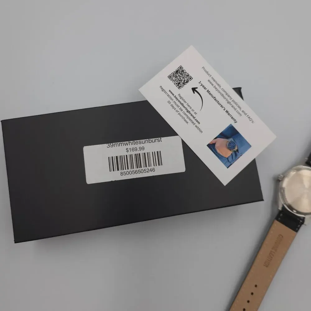 The Beyond Boring Watch Company in White Sunburst Watch Black Leather 39mm